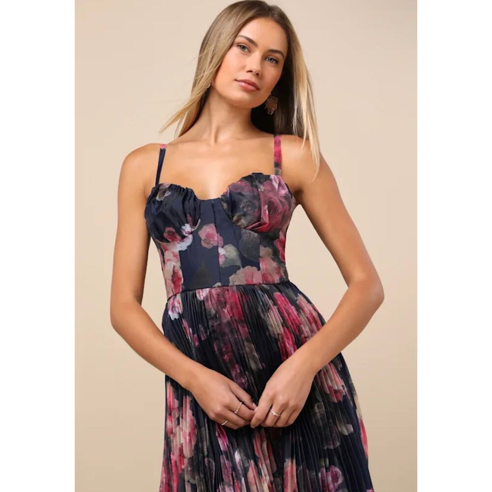 Lulus Alluring Invite Midnight Blue Floral Pleated Bustier Midi Dress XS - Picture 2 of 7